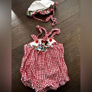 VNTG Red Gingham DISNEY babies Romper with bonnet 0-6 months